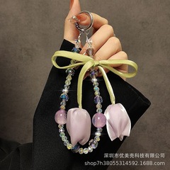 韩系小香风郁金香花朵手机挂链水晶串珠手机链手提链挂件手机挂绳