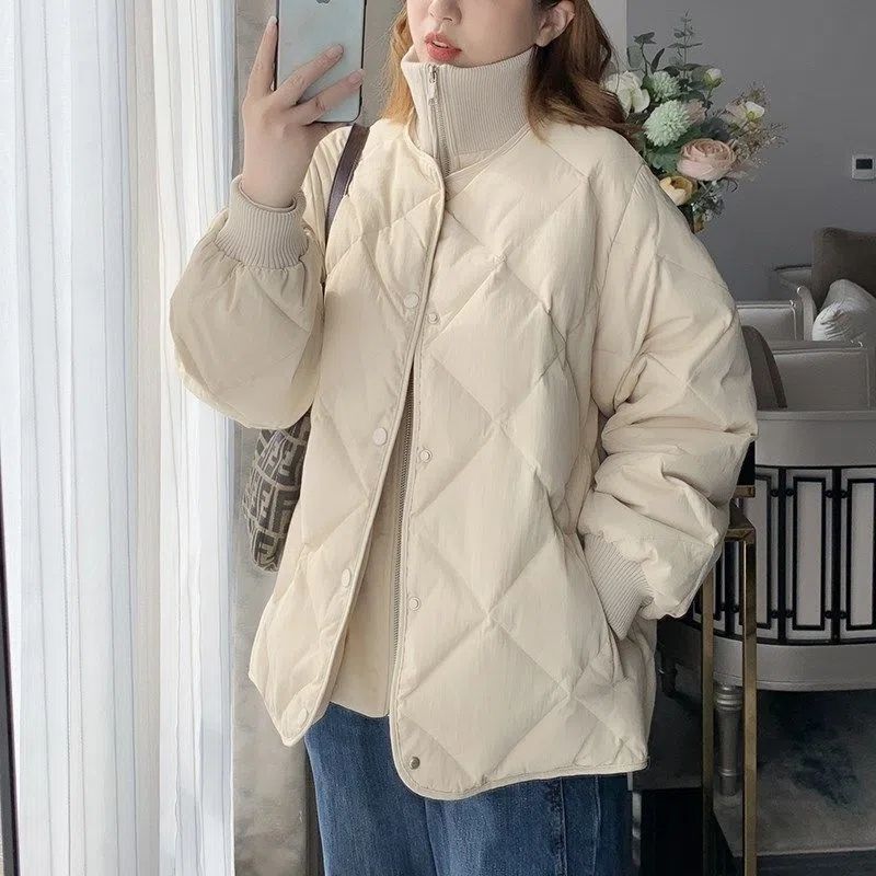 Korean-style New Cotton-padded Rhombus Loose Loose Student Niche Design Sense Jacket Coat Simple All-match Black Rice White