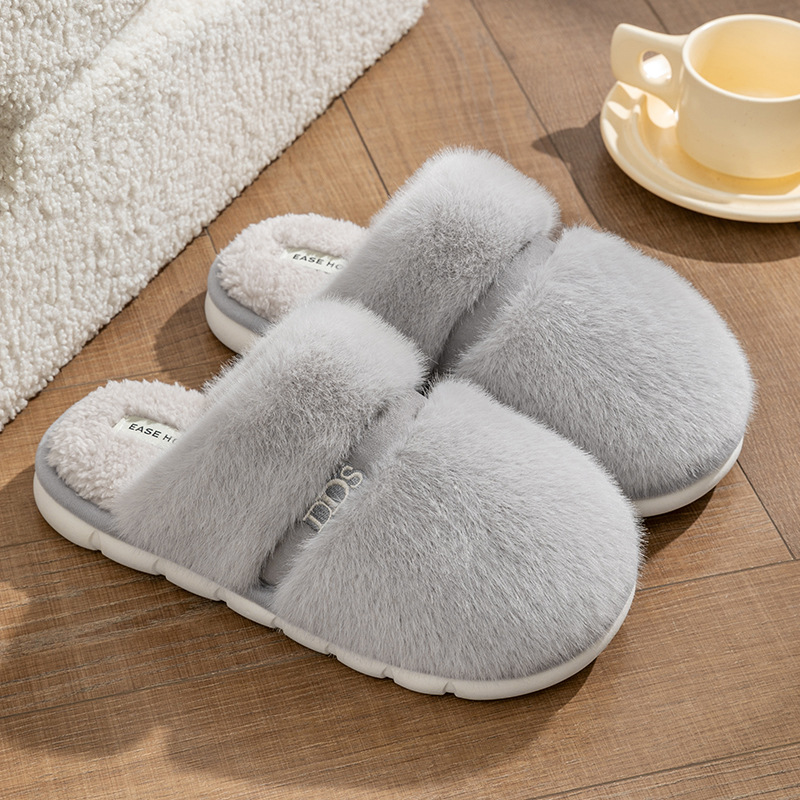 Nuevas zapatillas de piel de suela gruesa antideslizantes cálidas para el hogar para otoño e invierno, zapatillas de algodón con lazo para niñas y parejas en invierno