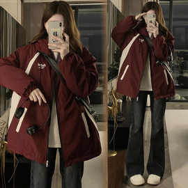 冲锋衣棉服女秋冬新款连帽学院风个性工装外套