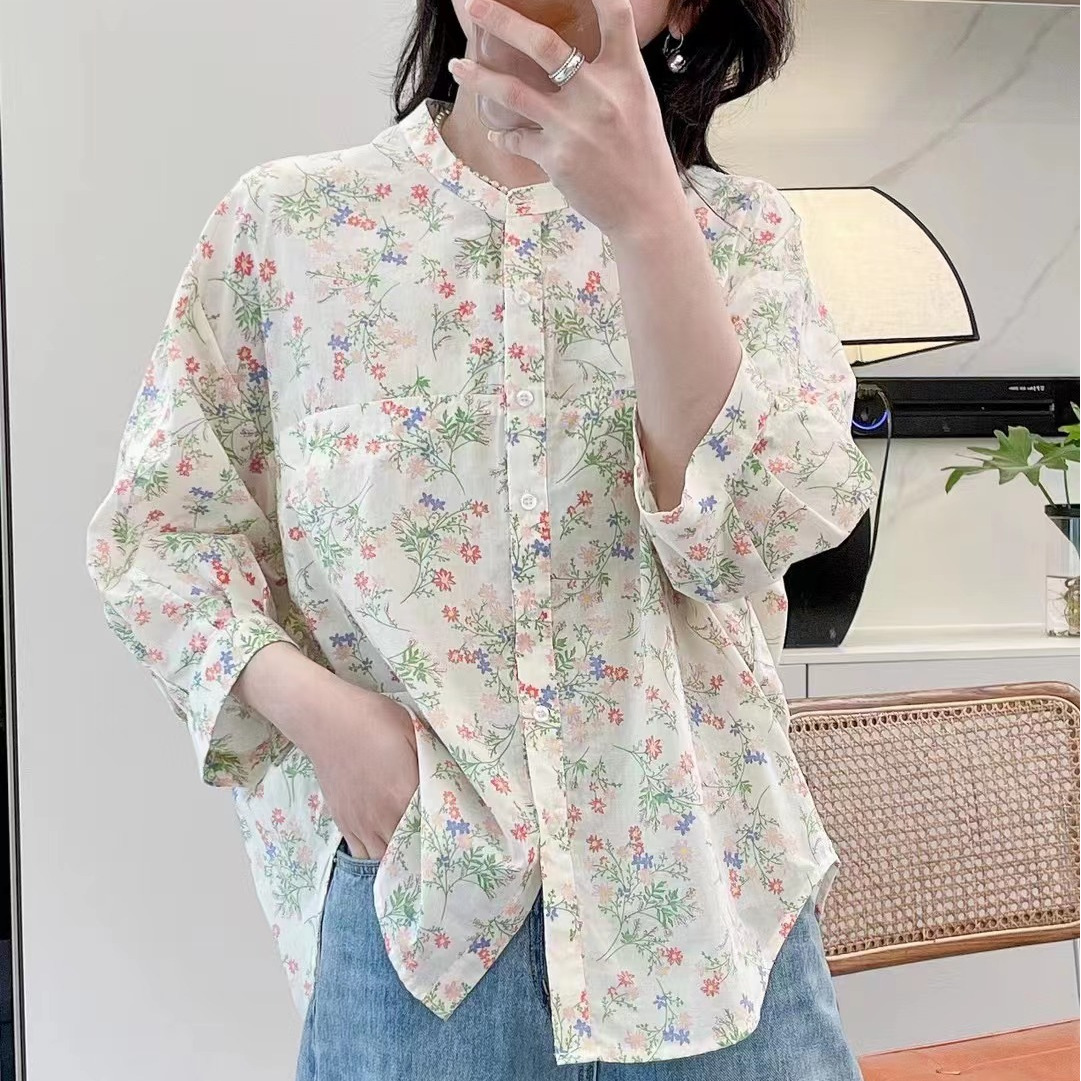 秋季新款草碎花立领气质七分袖衬衫女夏装新款宽松显瘦上衣