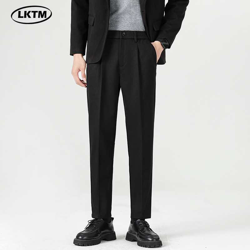 LKTM男装#秋冬黑色毛呢子西裤男士高级感修身小直筒休闲长裤子