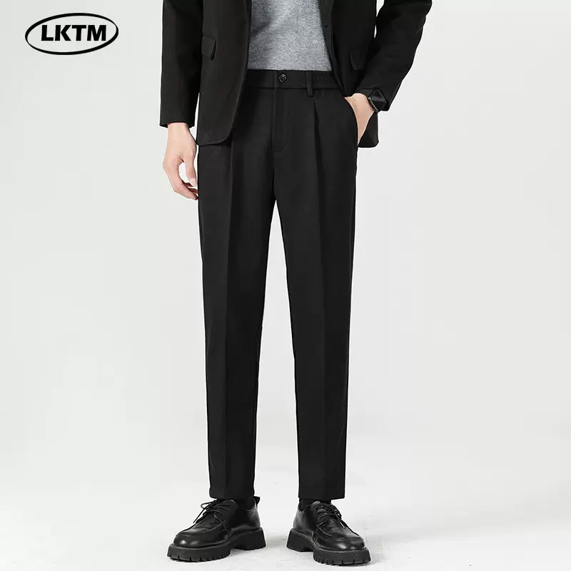 LKTM男装#秋冬黑色毛呢子西裤男士高级感修身小直筒休闲长裤子