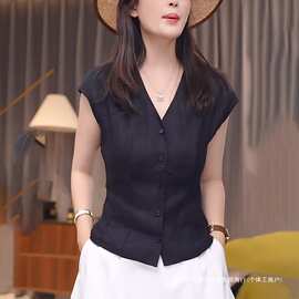 跨境黑色V领衬衫女5夏季新感洋气减龄显瘦腰显瘦亚麻衣香云纱