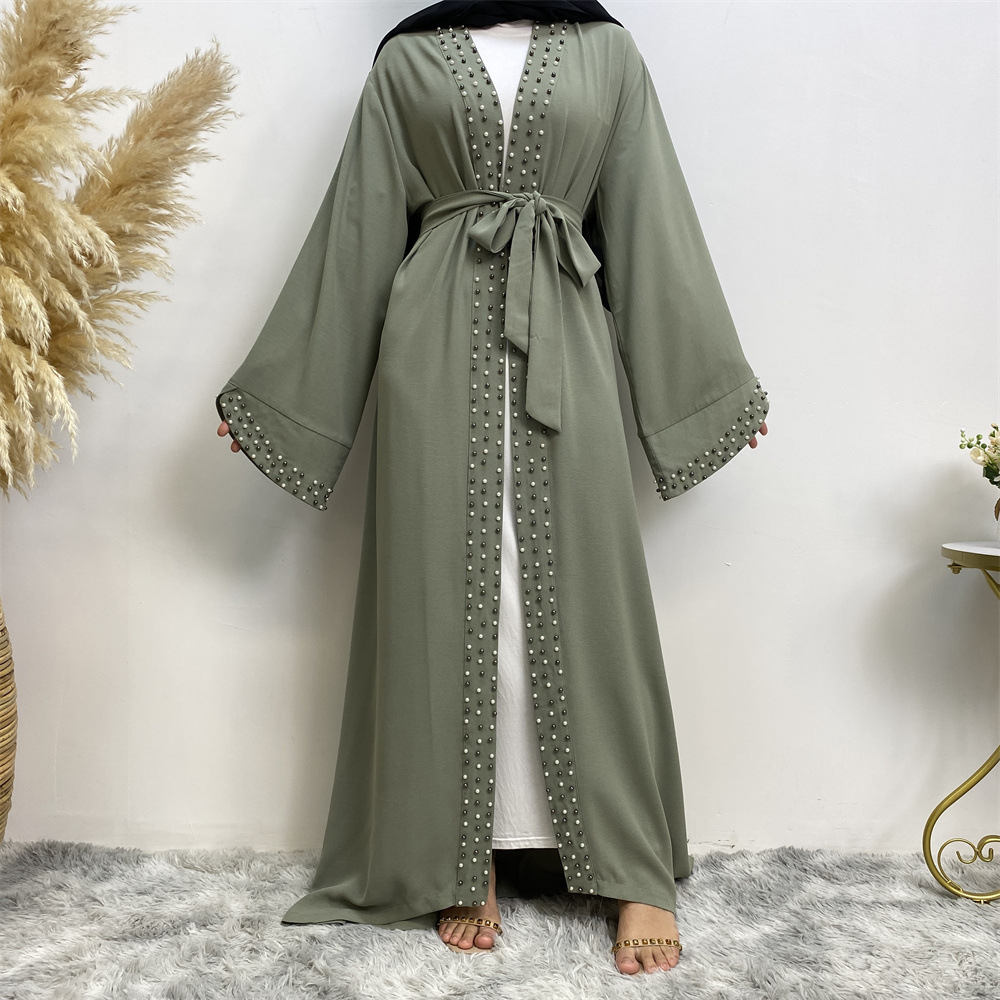 Arab Turkish Middle Eastern Fashion Elegant Solid Color Beaded Muslim Tie-Up Cardigan Robe 1838_ecoleips.com