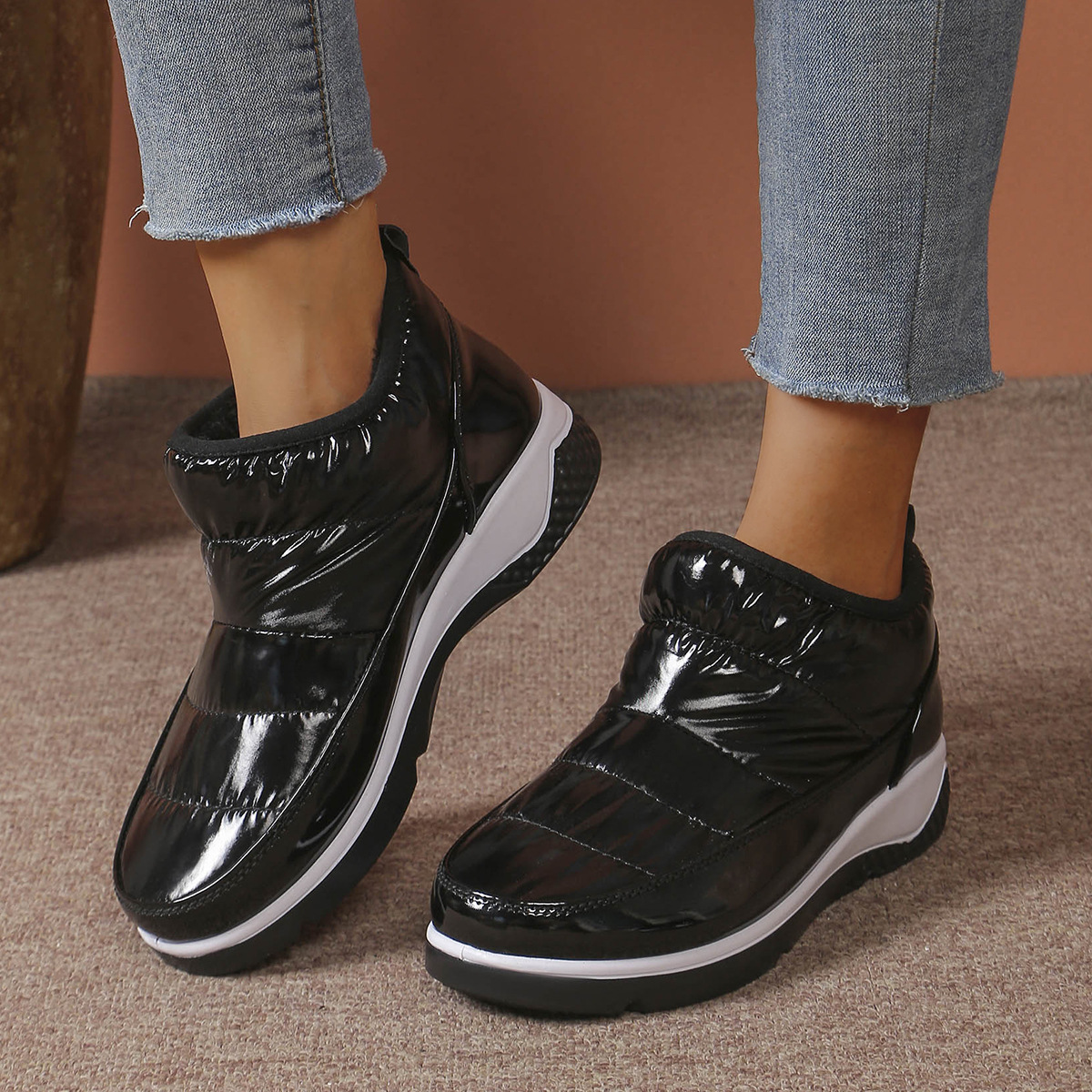 Pantofi de damă din catifea și bumbac, cizme de zăpadă groase pentru femei, mărime mare, vârf rotund, croi mediu, pantofi de bumbac călduroși cu talpă groasă_voghion.com