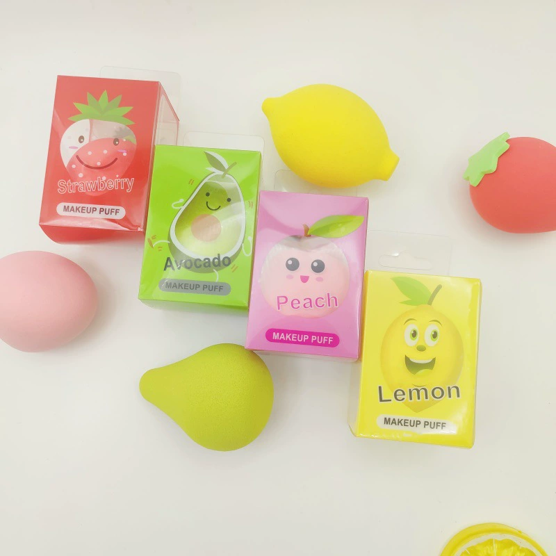 Комплект косметички — фруктовая форма, красочный косметический спонж, PVC коробка, 9,5×4,5×4,5 см