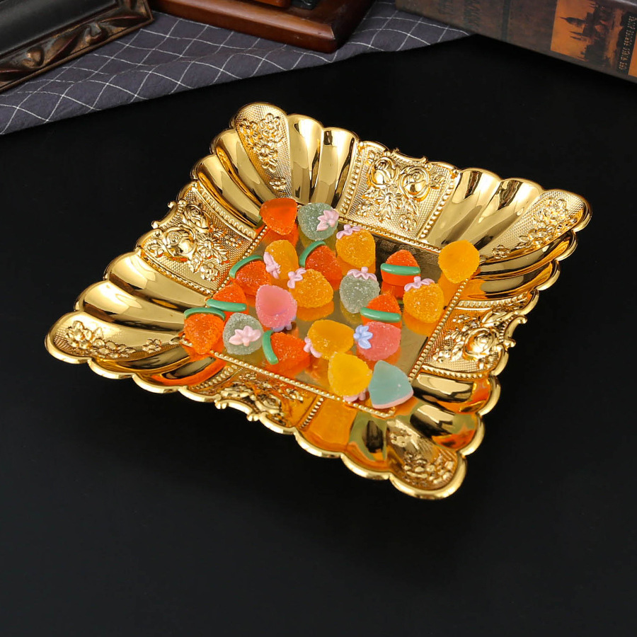 金属方形雕花纹边大号小号果盘酒店自助餐盘食物展示盘冷餐糕点盘