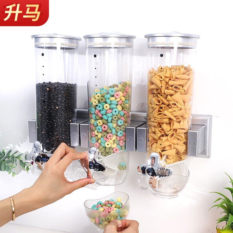 Nueva tarro de almacenamiento de múltiples granos Cocina snack tarro de almacenamiento de alimentos tarro sellado máquina de trigo de Tres barriles montada en la pared
