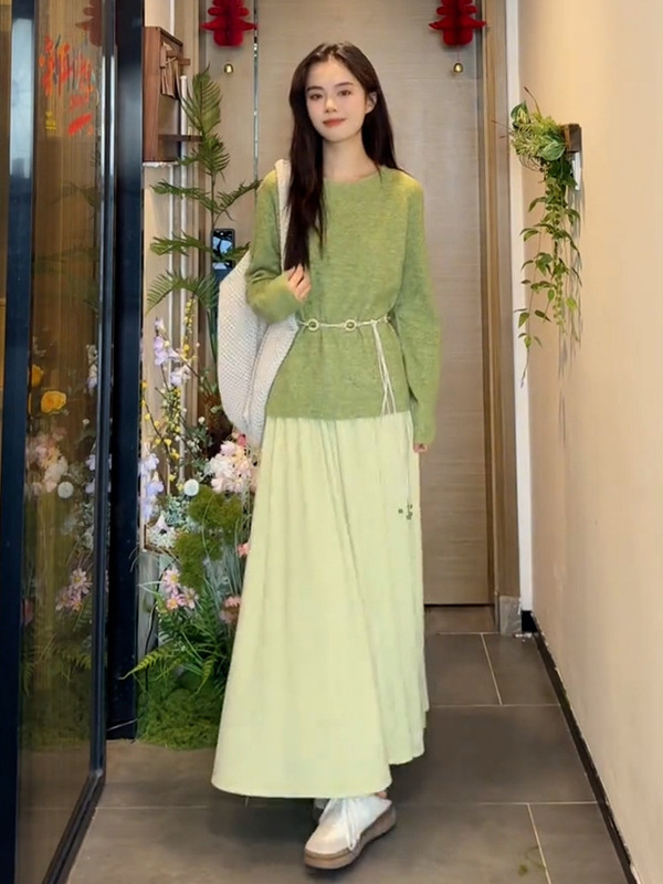 小香风绿色针织毛衣连衣裙子女2025早秋季新款韩系穿搭一整套长裙|undefined