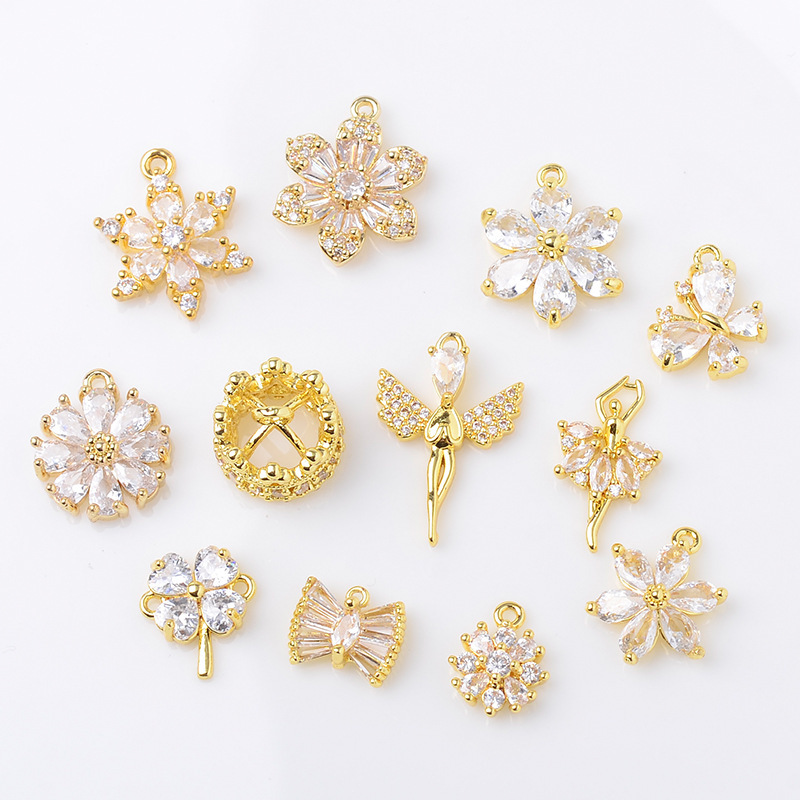 Pure Copper Micro-Inlaid Zircon Butterfly Four-Leaf Clover Crown Pendant DIY Earrings Necklace Pendant Jewelry Accessories Wholesale