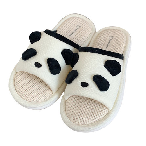 Japanese ins cute cartoon panda four-season universal linen slippers for women soft-soled home casual floor cotton and linen shoes