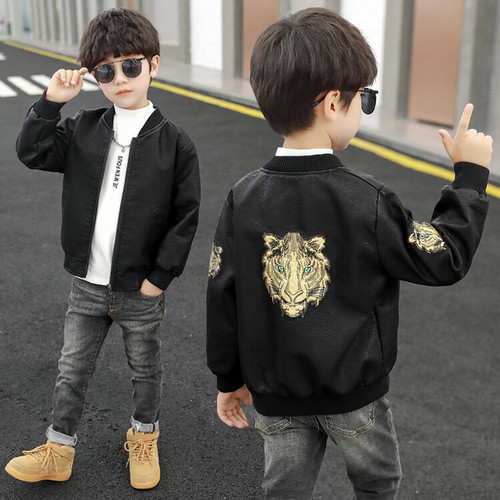 Children's Tiger Skin Jacket  Spring and Autumn New Arrival Trendy Cool Motorcyclist Style Coat for Kids Baby Stylish Outwear Foreign Trade