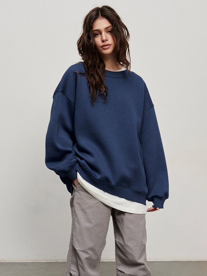 Áo sweatshirt nữ cổ tròn dáng rộng oversize tay dài chất liệu nỉ lông — Hoa màu xám, Màu cà phê, Màu trắng, Xanh navy chi tiết 19
