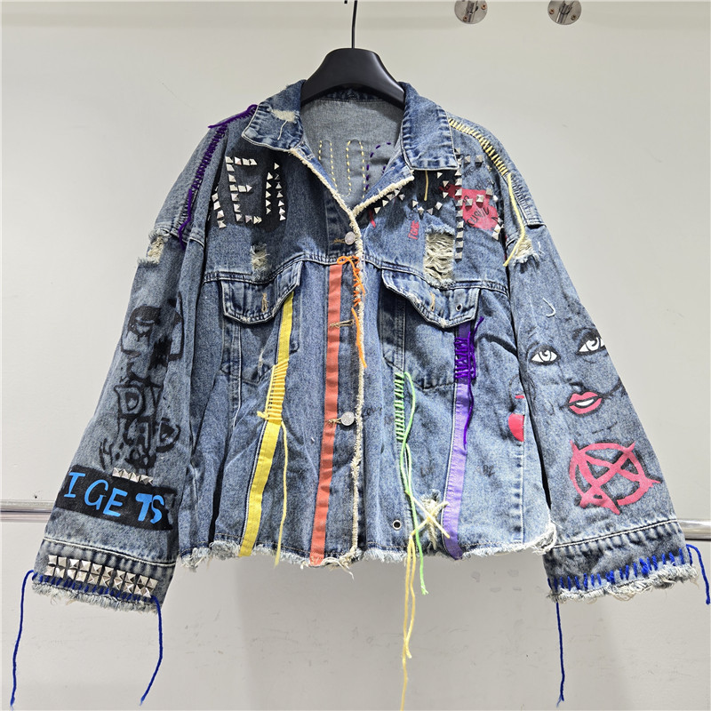 Trendy Brand Graffiti Design Women's Unique Short Frayed Distressed Heavy-Duty Studded Jacket with Colorful Tassels Denim Coat Trendy Brand Graffiti Design Women's Unique Short Frayed Distressed Heavy-Duty Studded Jacket with Colorful Tassels Denim Coat
