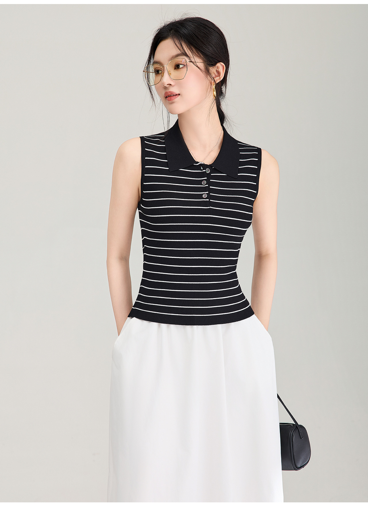 Áo vest dệt kim sợi tơ tằm cổ tròn tay ngắn mùa hè — màu đen chi tiết 18
