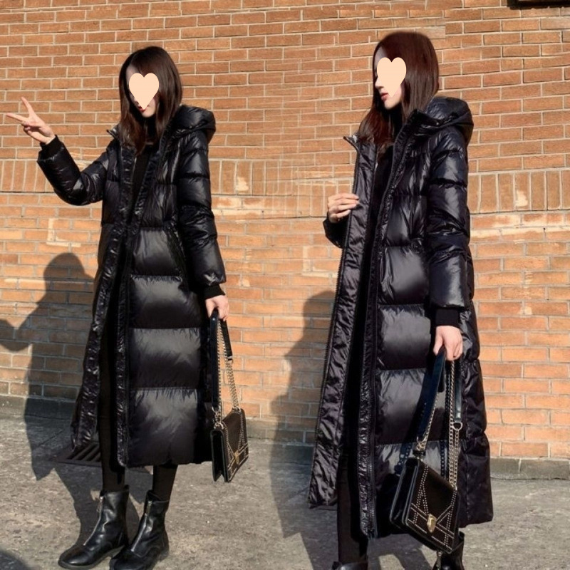 2025 new black down cotton jacket Korean version long glossy cotton jacket for women thickened slim cotton jacket trendy jacket