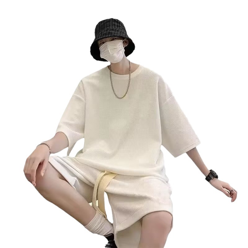 Estilo japonés waffle más tamaño traje juvenil verano casual deportes pantalones cortos de manga corta Camiseta de los hombres marca de moda de dos piezas conjunto