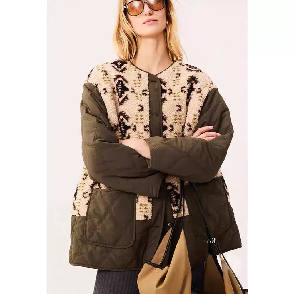 四媛秋冬新款异域图腾提花圈圈毛拼接毛呢休闲时髦游牧风棉服1094