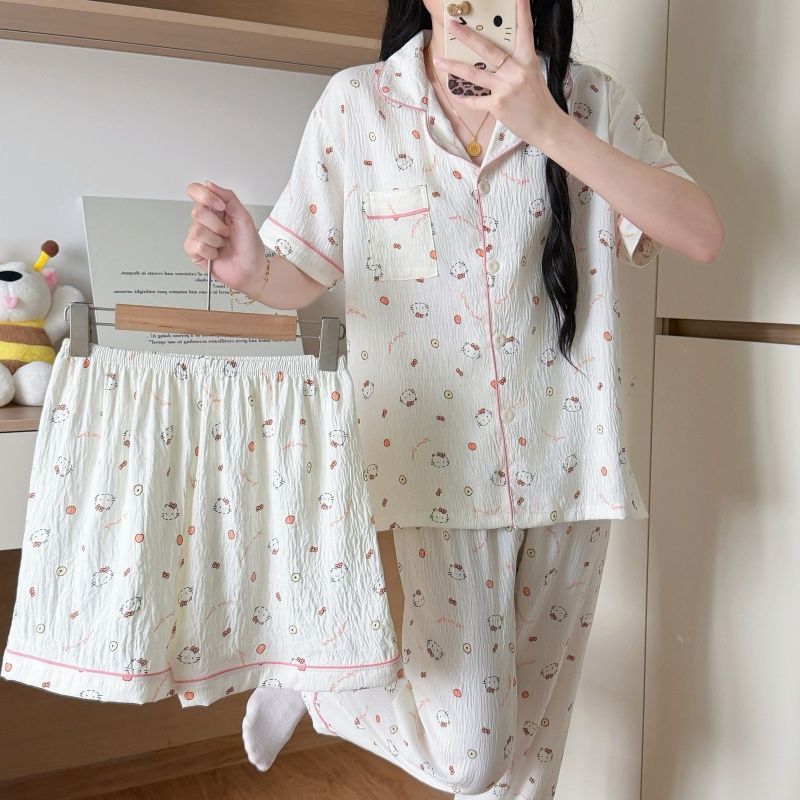 Nube de algodón de tres piezas nuevo pijama de mujer adorable con solapa de manga corta pantalones cortos pantalones largos set de ropa para el hogar