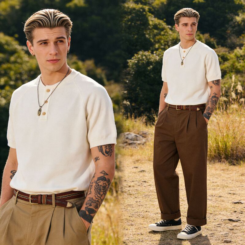 OKONKWO Basic Heavy Thick Knitted Henry Collar T-Shirt Ami Khaki Henry Shirt TEE