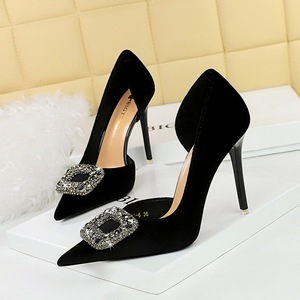 1363-K83 Banquet High Heels Thin Heels Thickened Suede Pointed Side Hollow Metal Water Diamond Buckle Ultra High Heel Si