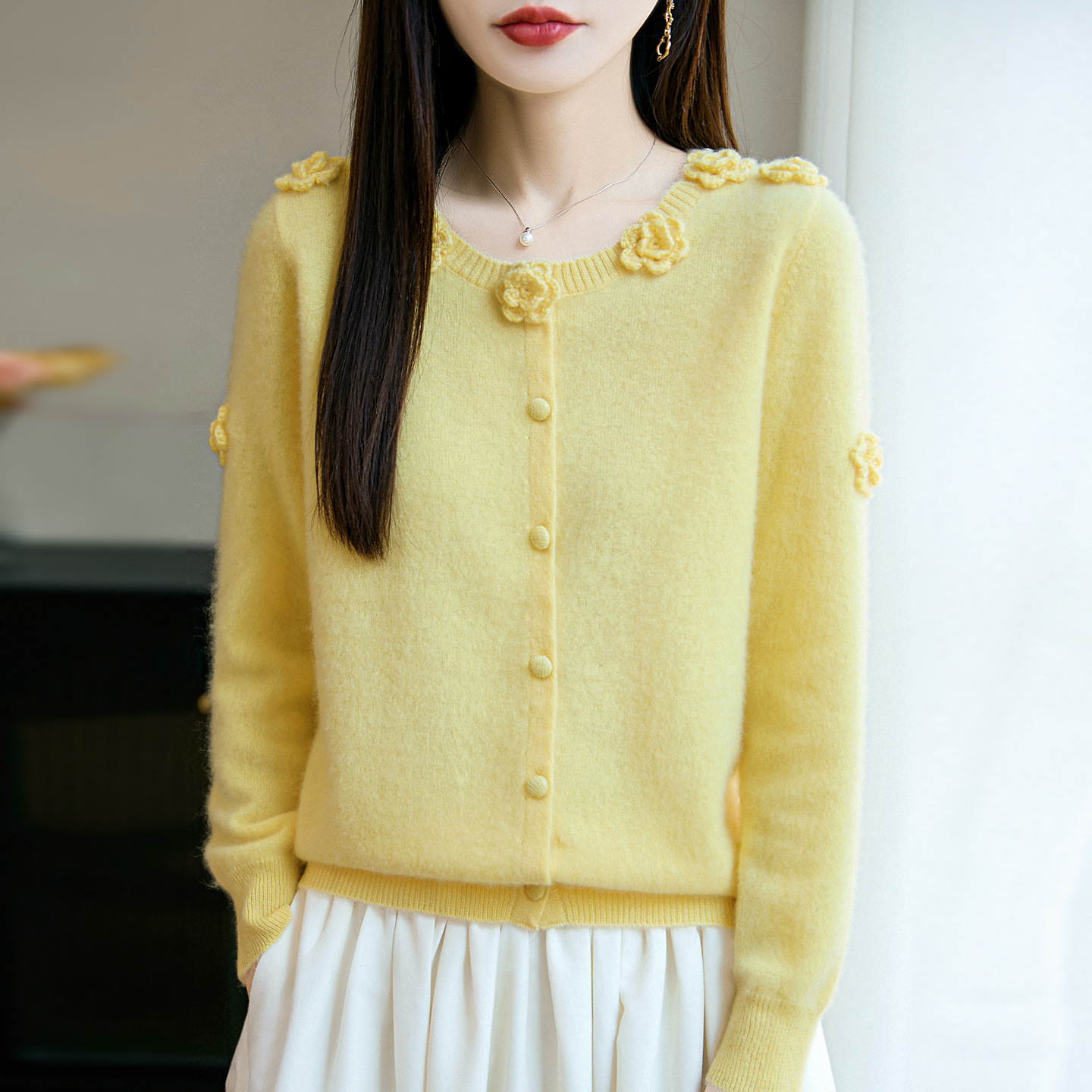 25年秋冬立体手工钩花开衫毛衣宽松小香风针织衫100%纯羊毛外套