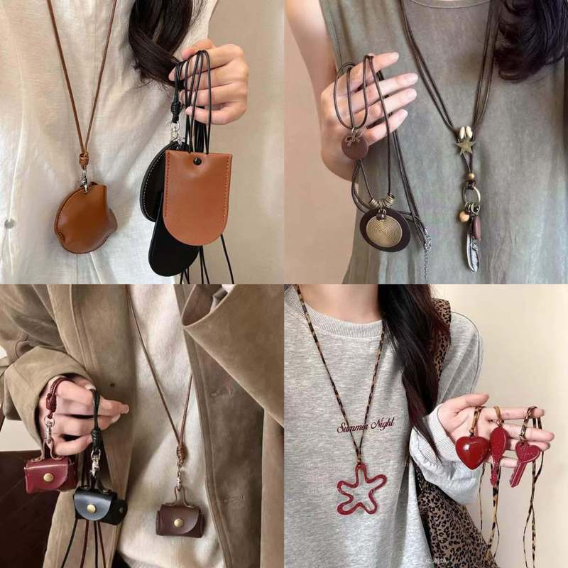 Internet Celebrity Leather Change Headphone Bag Neck Necklace Simple High-end Sense Woolen Chain Fashion All-match Necklace Jewelry
