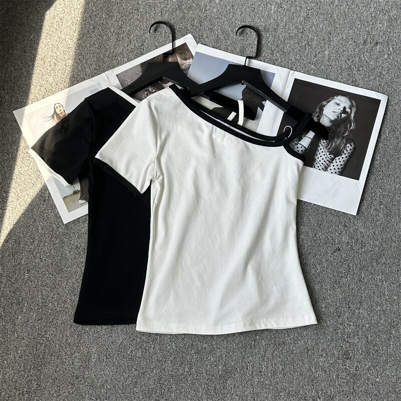 European Station 2025 Summer New Designer Niche Sweet Cool Spicy Pure Desire Style Embroidered Off-Shoulder Short Sleeve T-Shirt for Women