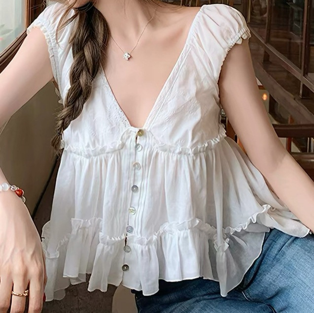 "Taquer Blouse" French retro lace blouse with deep V-neck and back tie design for women
