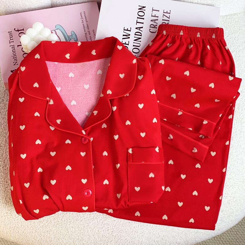 Imitation cotton festive red this year pajamas women's spring and autumn love full print high color value home clothes suit real shot wholesale Imitation cotton festive red this year pajamas women's spring and autumn love full print high color value home clothes suit real shot wholesale