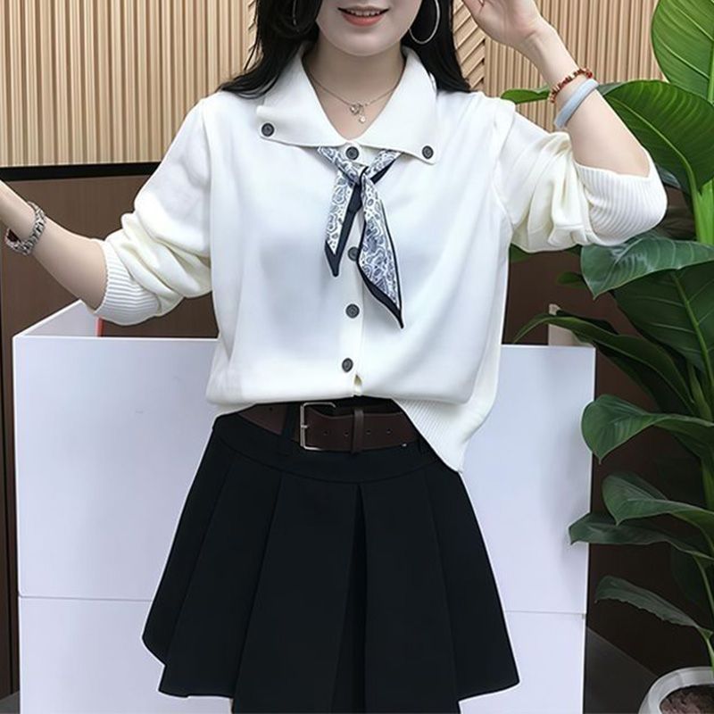 秋季新款韩版丝巾翻领针织衫爆款女百搭宽松显瘦polo领毛衣外套|undefined