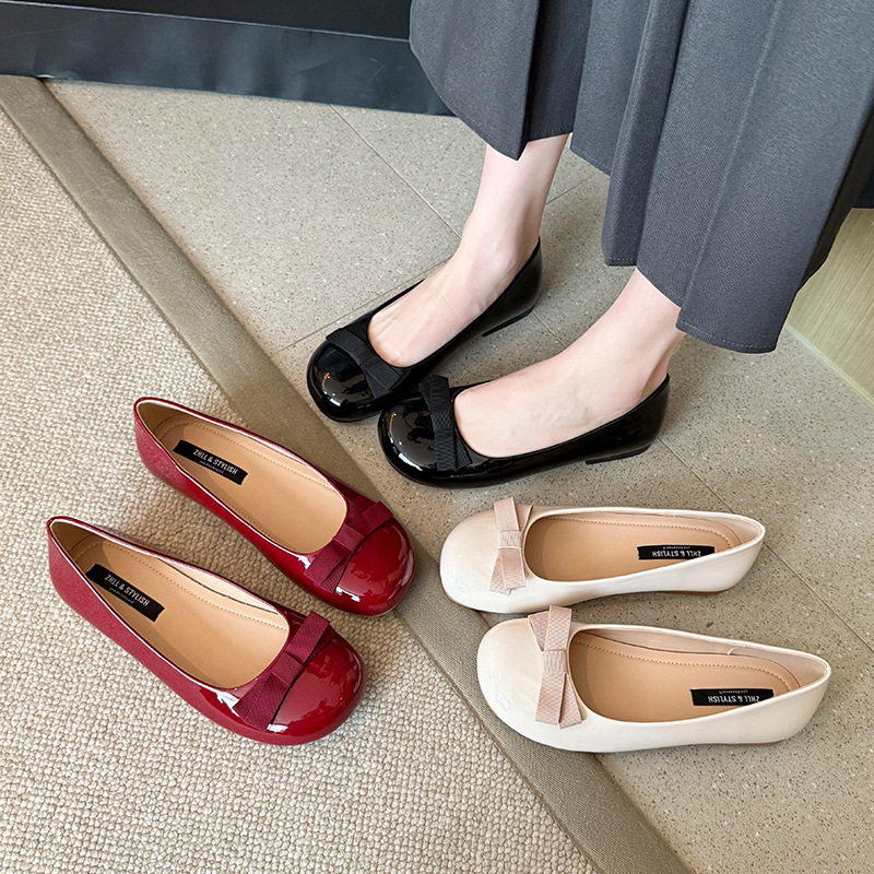 Plus-Size Korean-Style Bow Flat Round-Toe Shoes with Shallow Mouth, Versatile Chanel-Style, Widened Forefoot, Plus-Size Women's Shoes