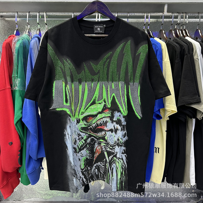 MIXED EMOTION レトロホットダイヤモンドプリントロゴ美しいトレンディなラウンドネックルーズカジュアル半袖Tシャツ男性と女性用|undefined