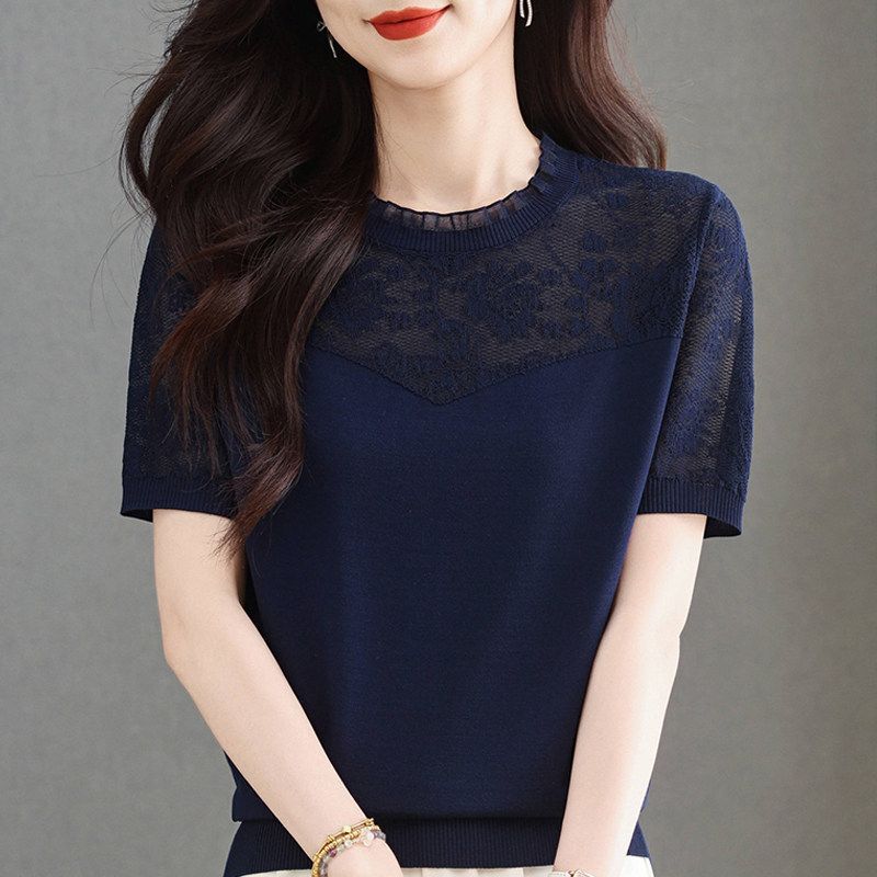 2026 New Summer Round Neck Ice Silk Knit Lace Short-Sleeve T-Shirt for Women, Stylish Thin Hollow-Out Top