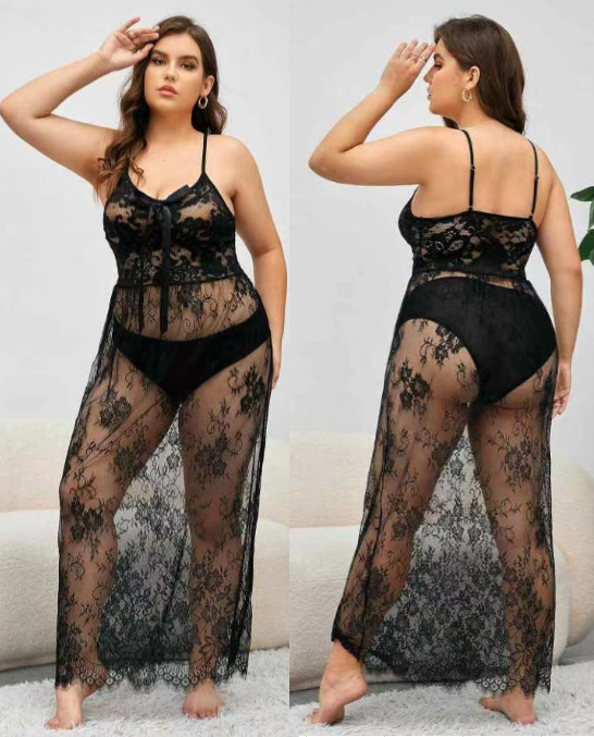 欧美胖MM外贸情趣内衣透视露背睡衣套装性感透明蕾丝长裙7568
