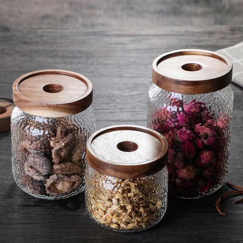 Hammered Acacia Wood Glass Storage Jar for Food, Coffee Beans, Tea Leaves, Sealed Jar for Storage and Organization, Kitchen Storage