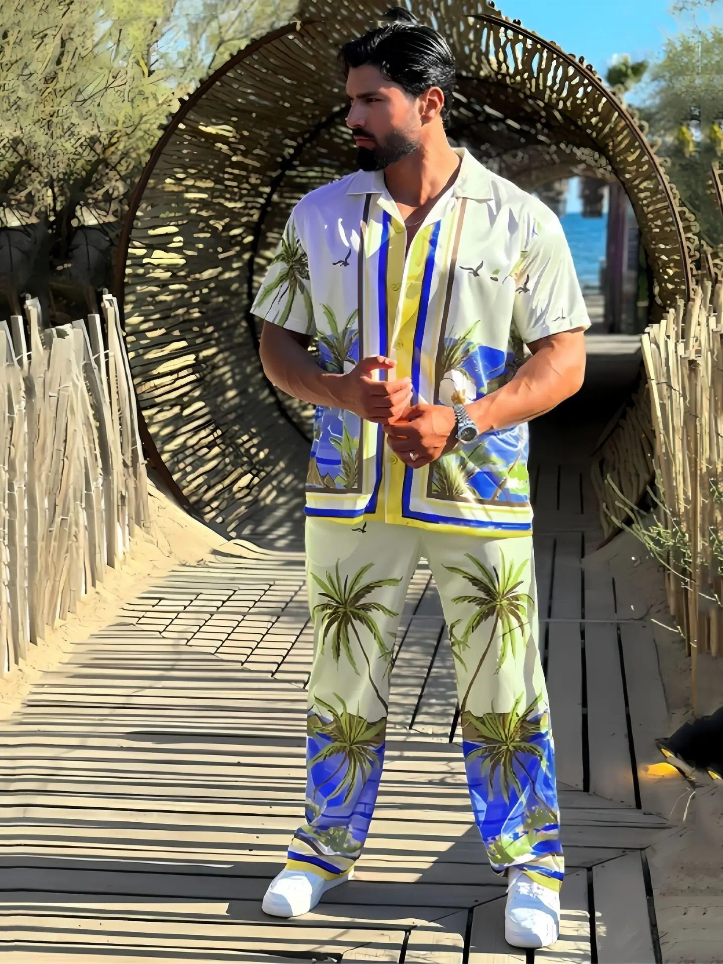 Traje de pantalones de manga corta con cuello cubano cómodo de estilo casual de vacaciones junto al mar hawaiano para hombre MB5-MR10