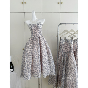 JAYKYYANG Blue and White White Porcelain Floral Strapless Large Swing Skirt High-grade Heavy-duty Waisted Dress