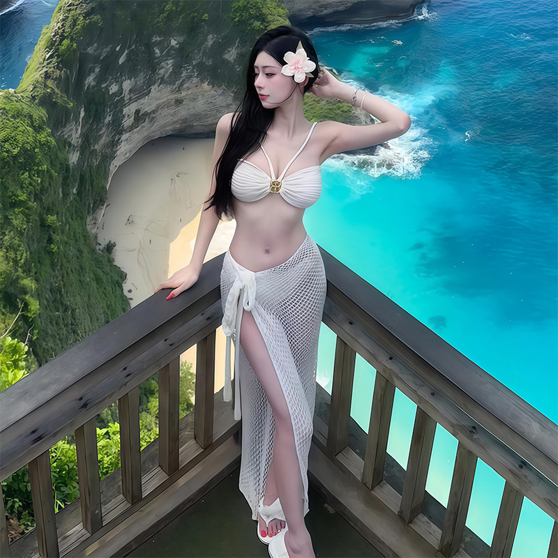 Neues Damen-Badeanzugset, purer Sexy Zweiteiler-Bikini, trägerloses Oberteil, Netzrock, Dreiteiler-Set für Inselresorts und heiße Quellen_voghion.com