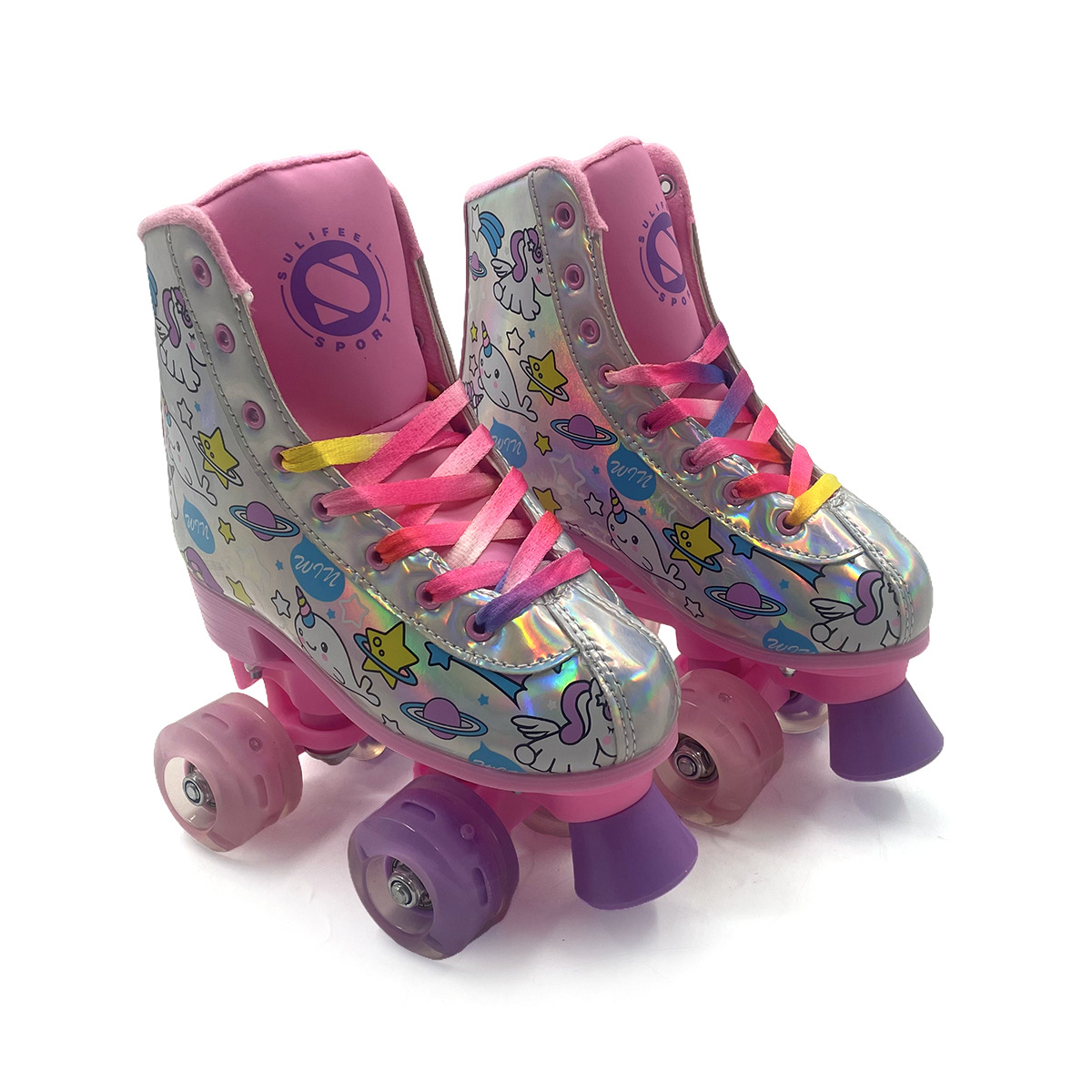 Cross-Border Gradient Unicorn Four-Wheel Skates Children's Colorful Laser Double-Row Roller Skates with Front Brake Roller Skates