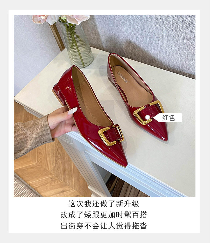 Giày lười nữ mũi nhọn gót thấp khóa kim loại phối màu trơn — màu đen, màu đỏ chi tiết 9
