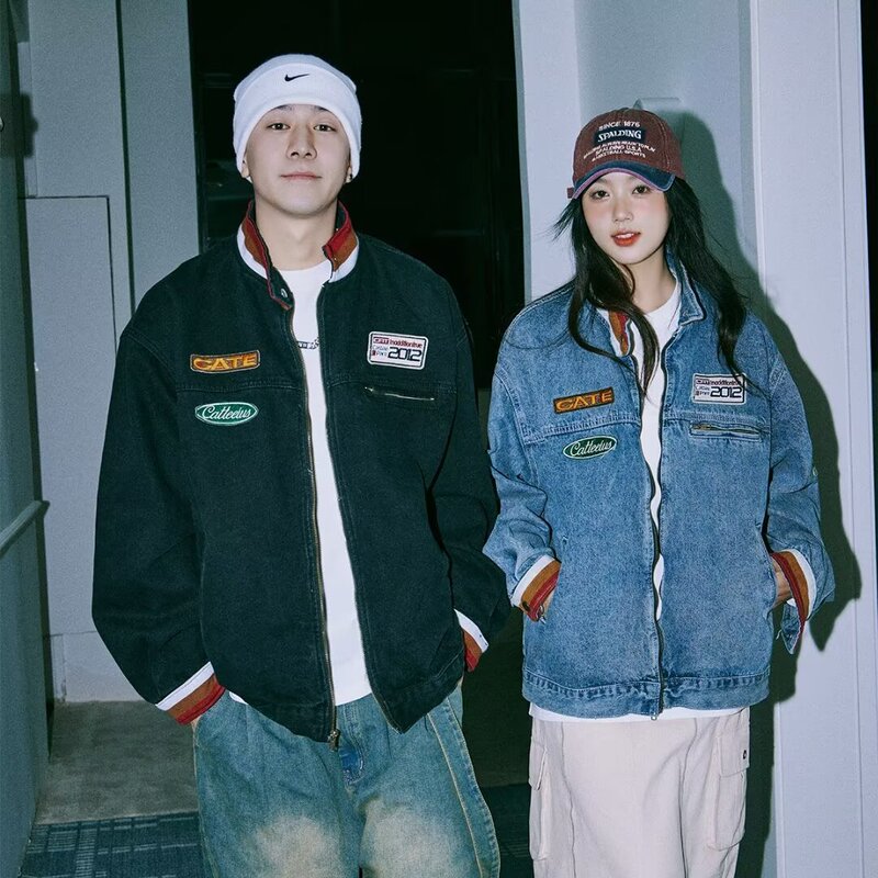 Trendy Brand American Style Retro Vertical Collar Old Couple's Denim Jacket Men's Spring Padded Motorcycle Racing Suit Jacket Top