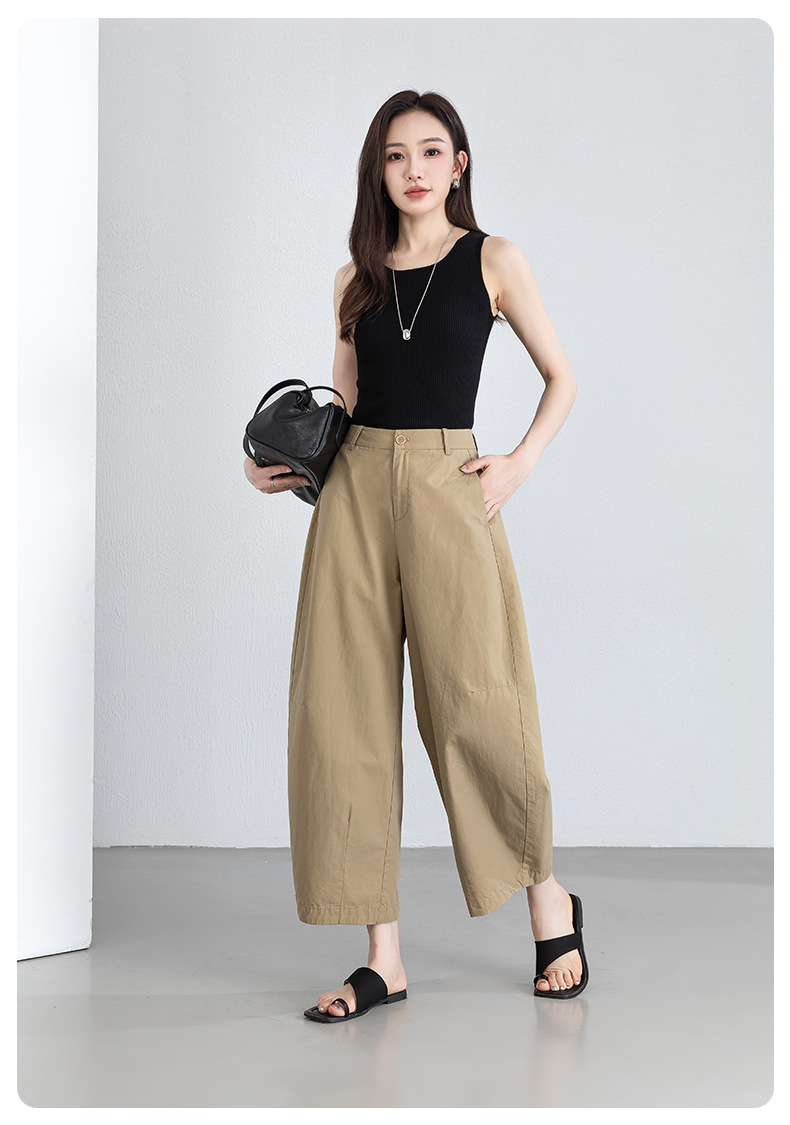 Quần culottes nữ ống rộng cạp cao vải lanh phối cotton, dáng bong bóng thoáng mát — màu kaki chi tiết 23