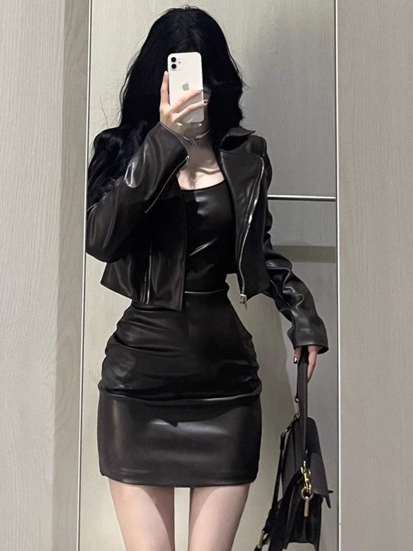 酷飒拽姐穿搭两件套辣妹短款皮衣外套夹克吊带连衣裙显瘦包臀裙潮|undefined