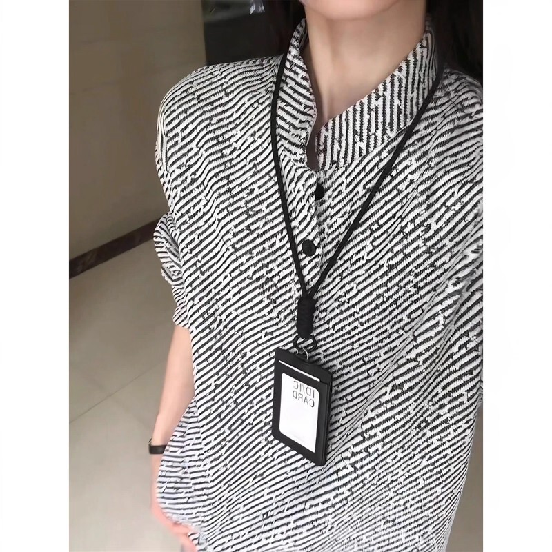 Black and White Diagonal Stripesd Henry Collar Long-Sleeved T-Shirt for Men in Autum, Small Fragrant Polo Collar Sweatshirt, American Style Inner Layering Shirt