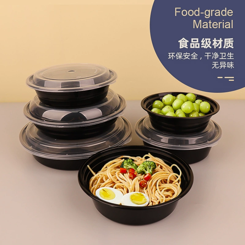 Wholesale American Black PP Disposable Bowl Food Grade Takeaway Thicken Packing Box Packing Bowl Plastic Cushion Box with Lid