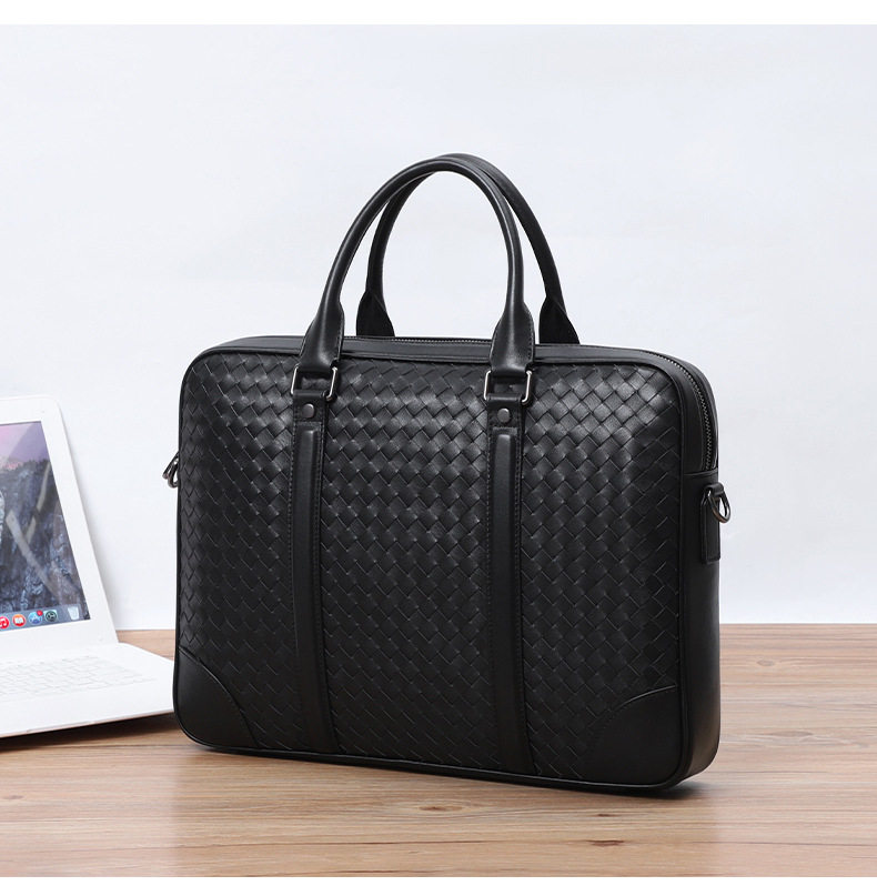 Túi xách tay nam da bò thật đan thủ công, túi đeo chéo một vai kiêm túi đựng laptop 39×7,5×28 cm — Màu đen chi tiết 8