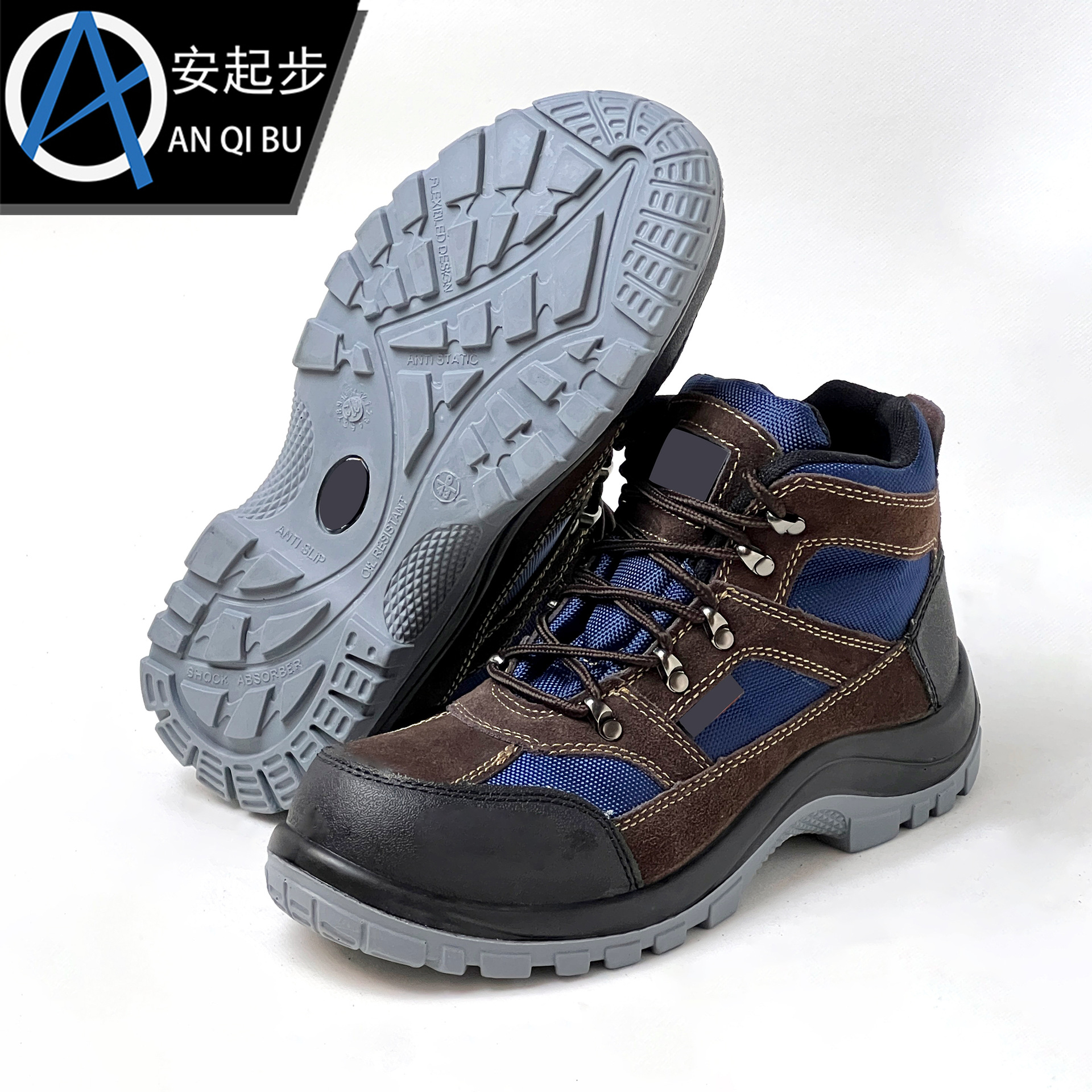 跨境劳保鞋 防刺穿PU鞋底一体防护鞋反绒皮透气高帮钢包头劳保鞋