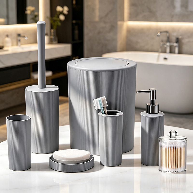 Kit de baño set de artículos de higiene set botella de desinfectante de manos cepillo de dientes taza cepillo de inodoro bote de basura set de 6 piezas image 3